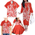 Personalized Sydney Swans Family Matching Off The Shoulder Long Sleeve Dress and Hawaiian Shirt Polynesian Tribal Swan Mascot With Hibiscus Floral Art