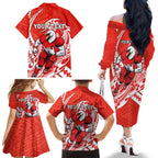 Personalized Sydney Swans Family Matching Off The Shoulder Long Sleeve Dress and Hawaiian Shirt Polynesian Tribal Swan Mascot With Hibiscus Floral Art