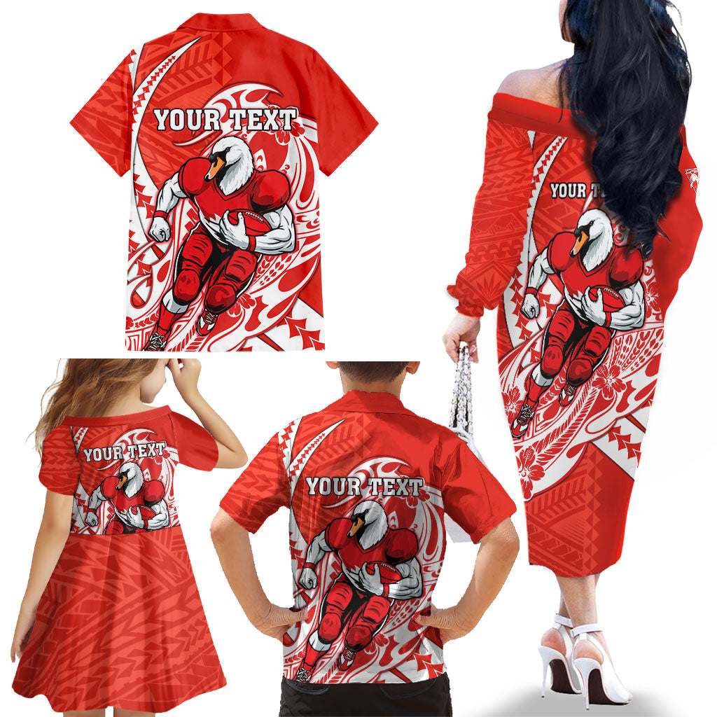 Personalized Sydney Swans Family Matching Off The Shoulder Long Sleeve Dress and Hawaiian Shirt Polynesian Tribal Swan Mascot With Hibiscus Floral Art