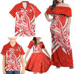 Personalized Sydney Swans Family Matching Off Shoulder Maxi Dress and Hawaiian Shirt Polynesian Tribal Swan Mascot With Hibiscus Floral Art