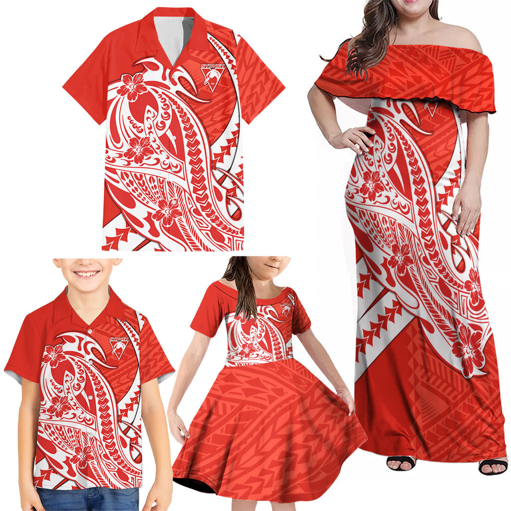 Personalized Sydney Swans Family Matching Off Shoulder Maxi Dress and Hawaiian Shirt Polynesian Tribal Swan Mascot With Hibiscus Floral Art