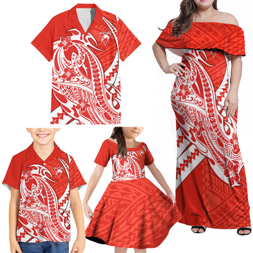 Personalized Sydney Swans Family Matching Off Shoulder Maxi Dress and Hawaiian Shirt Polynesian Tribal Swan Mascot With Hibiscus Floral Art