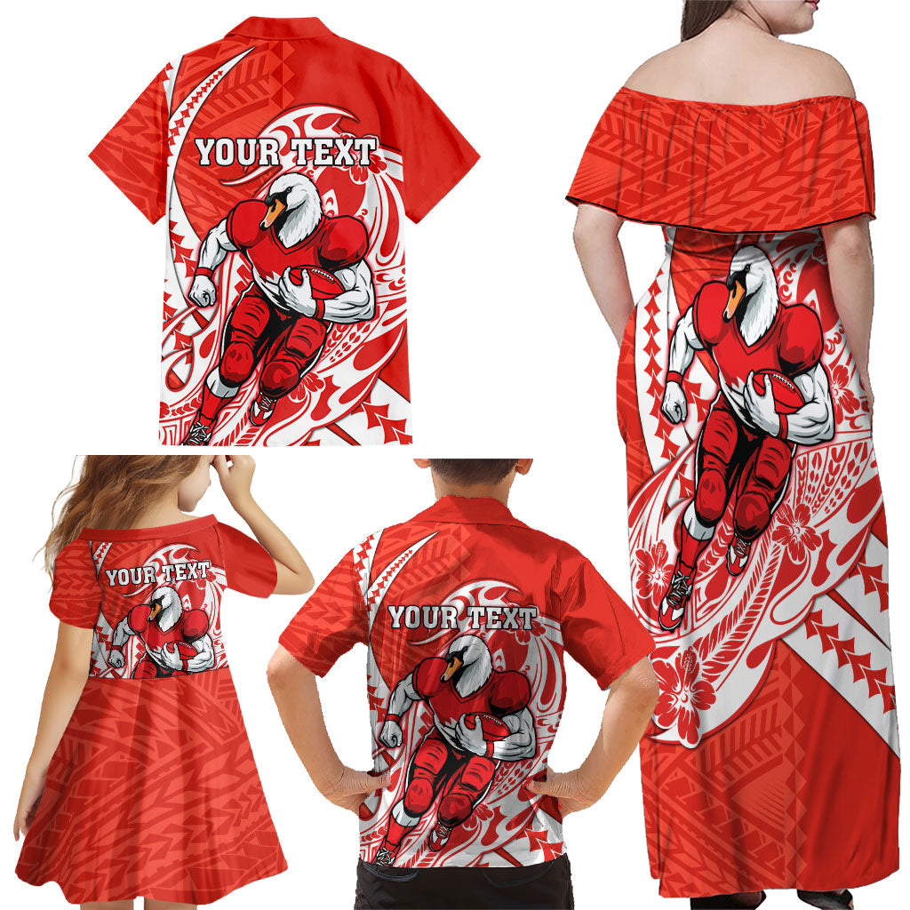 Personalized Sydney Swans Family Matching Off Shoulder Maxi Dress and Hawaiian Shirt Polynesian Tribal Swan Mascot With Hibiscus Floral Art