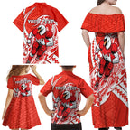 Personalized Sydney Swans Family Matching Off Shoulder Maxi Dress and Hawaiian Shirt Polynesian Tribal Swan Mascot With Hibiscus Floral Art