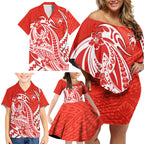 Personalized Sydney Swans Family Matching Off Shoulder Short Dress and Hawaiian Shirt Polynesian Tribal Swan Mascot With Hibiscus Floral Art