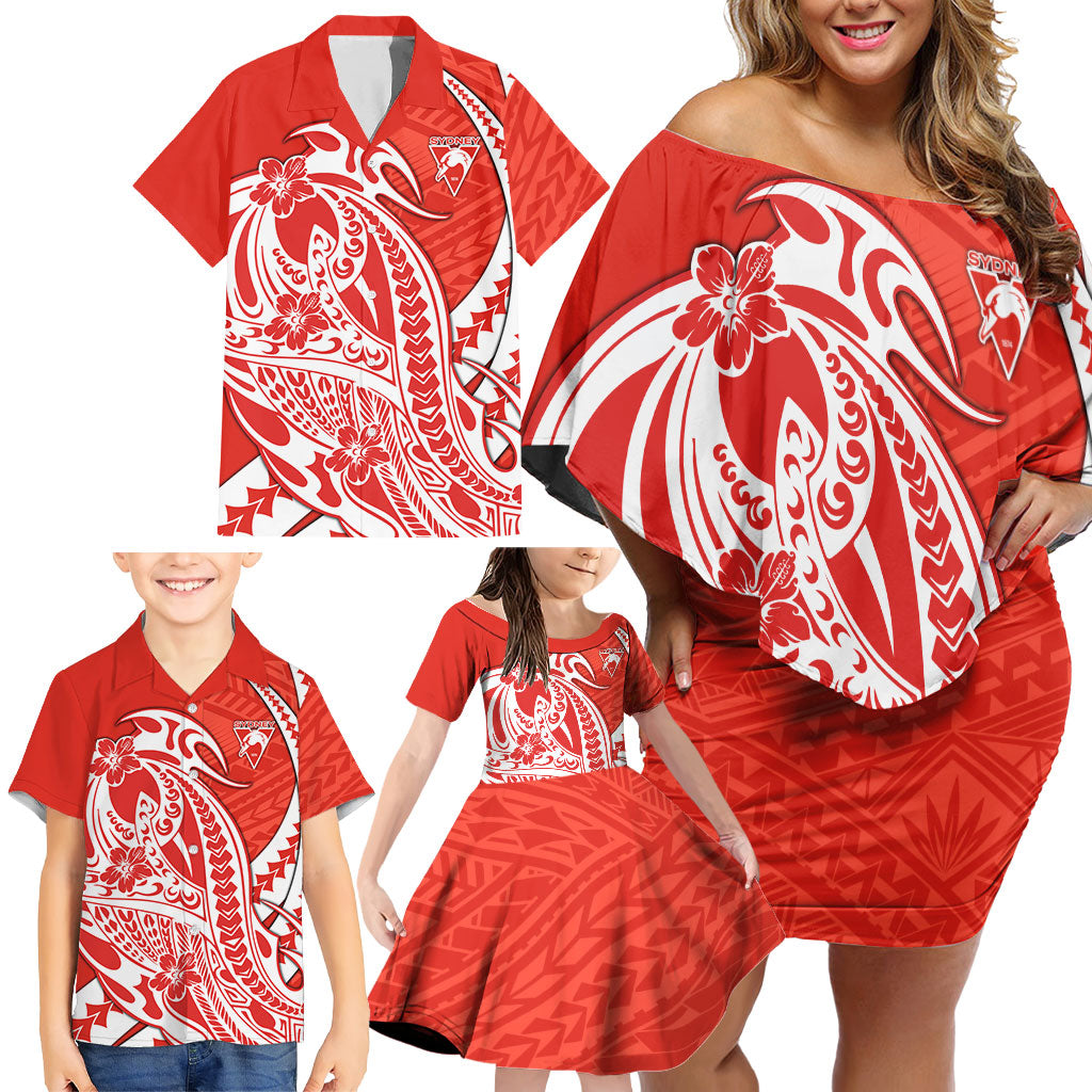 Personalized Sydney Swans Family Matching Off Shoulder Short Dress and Hawaiian Shirt Polynesian Tribal Swan Mascot With Hibiscus Floral Art