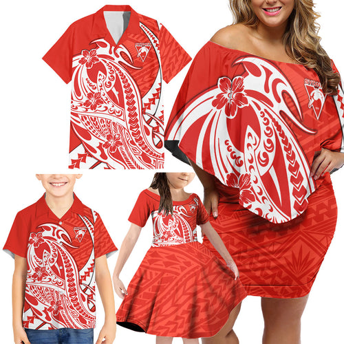Personalized Sydney Swans Family Matching Off Shoulder Short Dress and Hawaiian Shirt Polynesian Tribal Swan Mascot With Hibiscus Floral Art