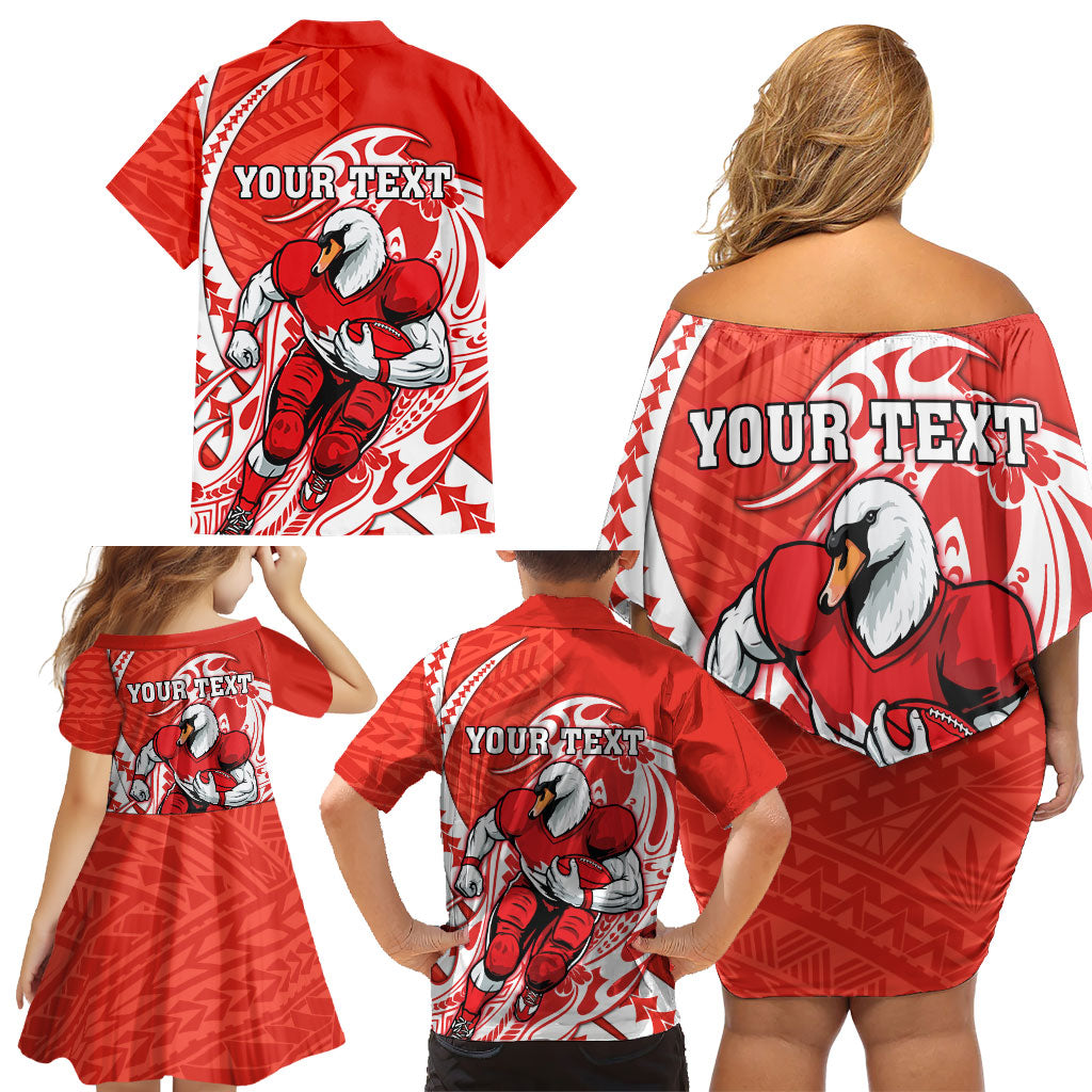 Personalized Sydney Swans Family Matching Off Shoulder Short Dress and Hawaiian Shirt Polynesian Tribal Swan Mascot With Hibiscus Floral Art