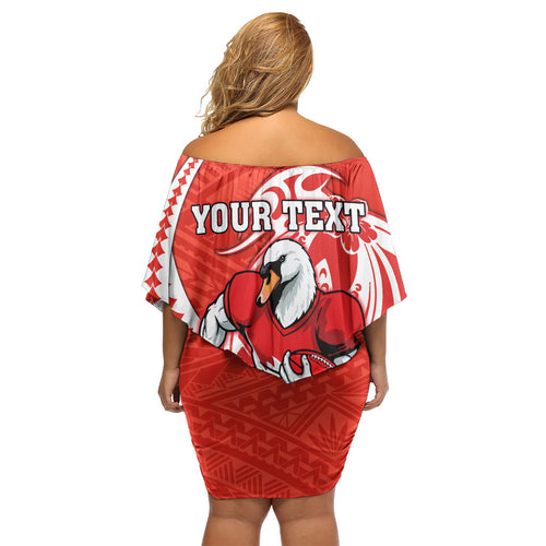 Personalized Sydney Swans Family Matching Off Shoulder Short Dress and Hawaiian Shirt Polynesian Tribal Swan Mascot With Hibiscus Floral Art