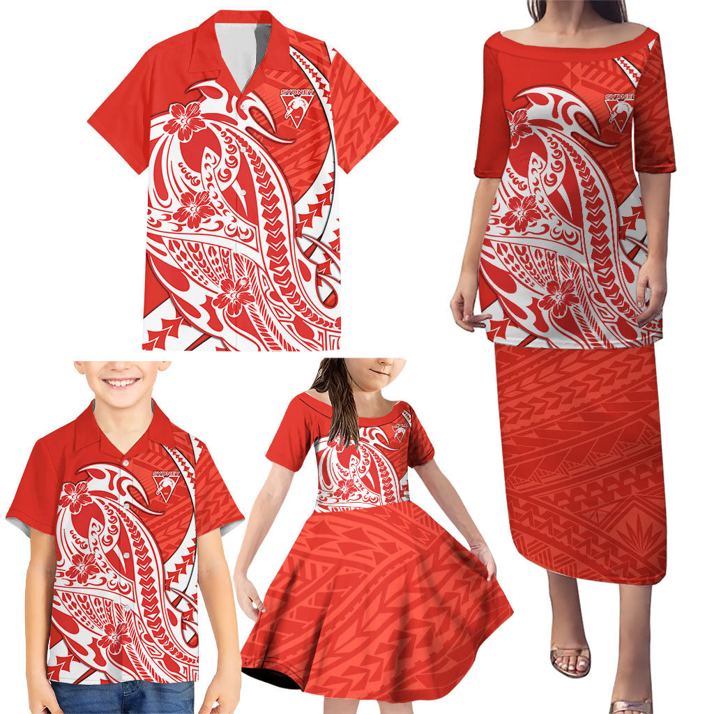 Personalized Sydney Swans Family Matching Puletasi and Hawaiian Shirt Polynesian Tribal Swan Mascot With Hibiscus Floral Art