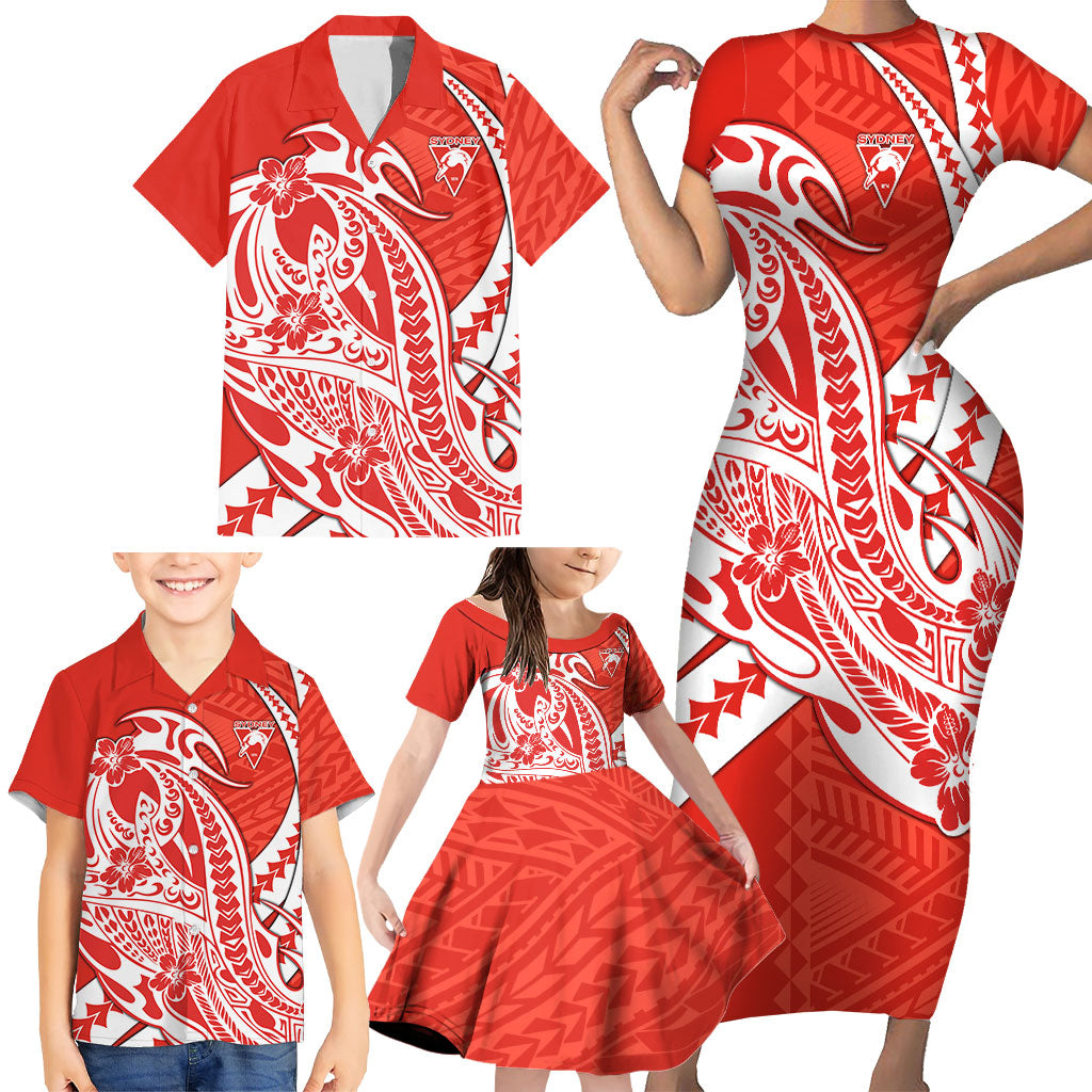 Personalized Sydney Swans Family Matching Short Sleeve Bodycon Dress and Hawaiian Shirt Polynesian Tribal Swan Mascot With Hibiscus Floral Art