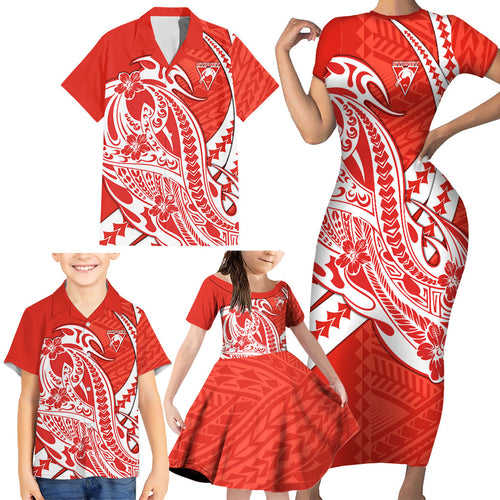 Personalized Sydney Swans Family Matching Short Sleeve Bodycon Dress and Hawaiian Shirt Polynesian Tribal Swan Mascot With Hibiscus Floral Art