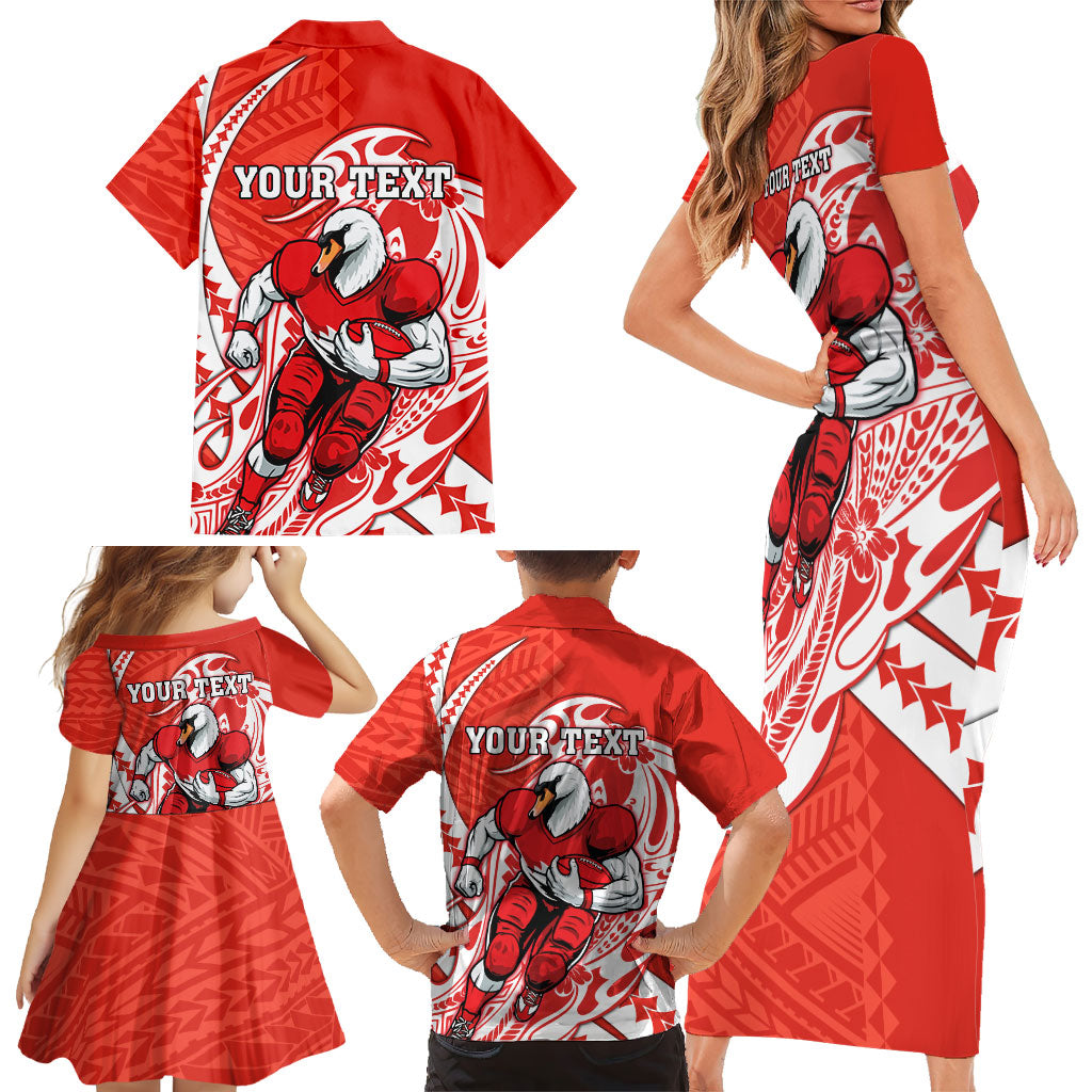 Personalized Sydney Swans Family Matching Short Sleeve Bodycon Dress and Hawaiian Shirt Polynesian Tribal Swan Mascot With Hibiscus Floral Art