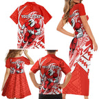 Personalized Sydney Swans Family Matching Short Sleeve Bodycon Dress and Hawaiian Shirt Polynesian Tribal Swan Mascot With Hibiscus Floral Art