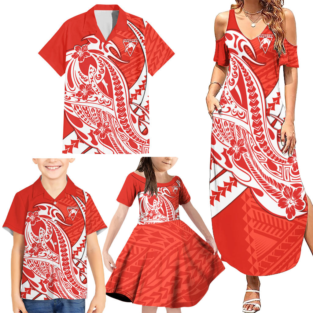 Personalized Sydney Swans Family Matching Summer Maxi Dress and Hawaiian Shirt Polynesian Tribal Swan Mascot With Hibiscus Floral Art