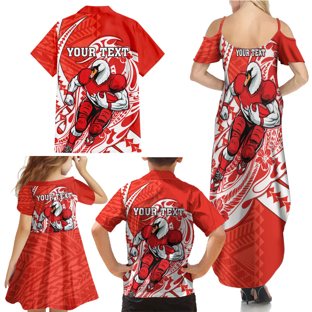 Personalized Sydney Swans Family Matching Summer Maxi Dress and Hawaiian Shirt Polynesian Tribal Swan Mascot With Hibiscus Floral Art