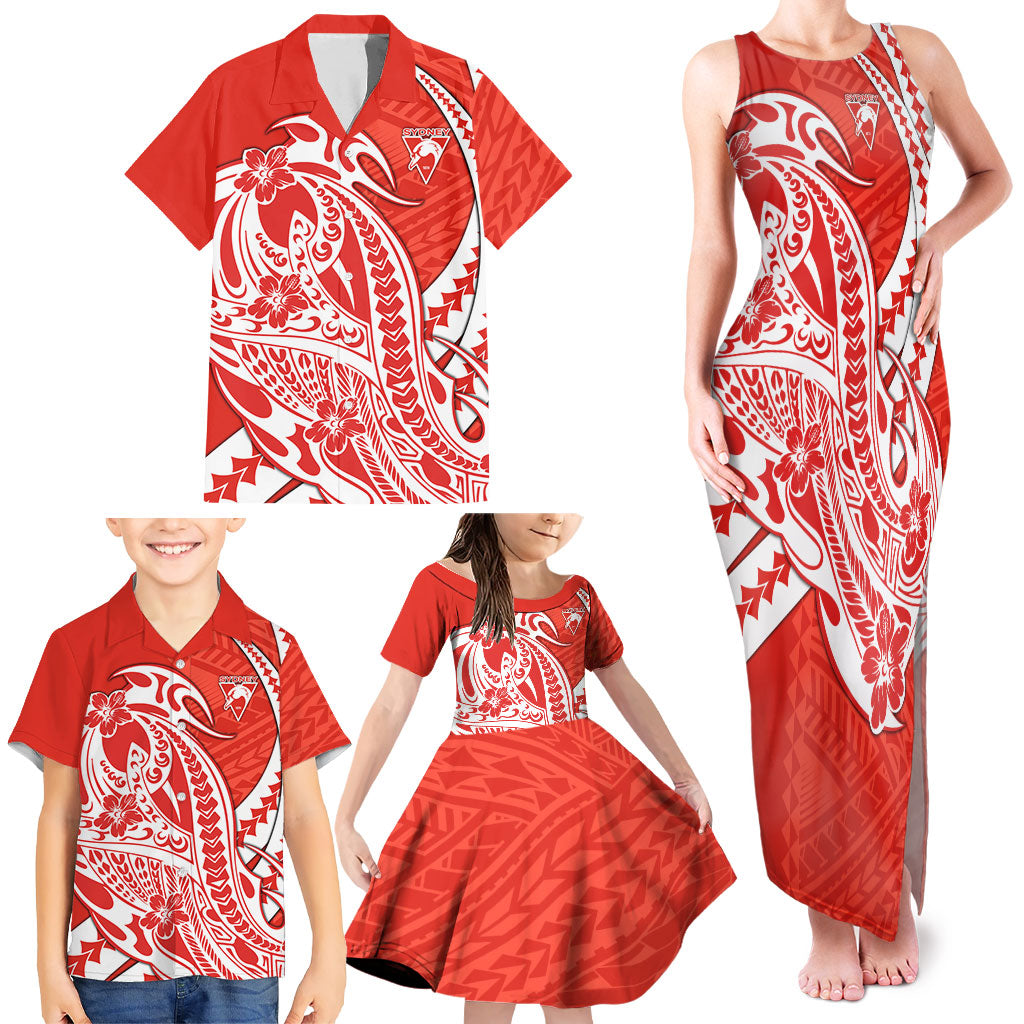 Personalized Sydney Swans Family Matching Tank Maxi Dress and Hawaiian Shirt Polynesian Tribal Swan Mascot With Hibiscus Floral Art