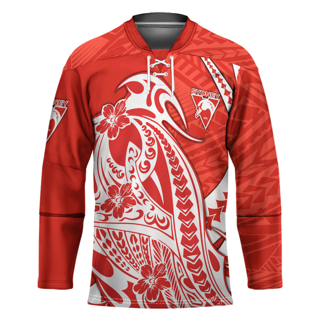 Personalized Sydney Swans Hockey Jersey Polynesian Tribal Swan Mascot With Hibiscus Floral Art