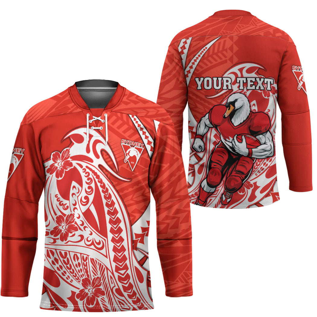 Personalized Sydney Swans Hockey Jersey Polynesian Tribal Swan Mascot With Hibiscus Floral Art
