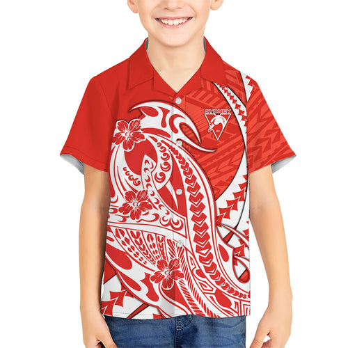Personalized Sydney Swans Kid Hawaiian Shirt Polynesian Tribal Swan Mascot With Hibiscus Floral Art