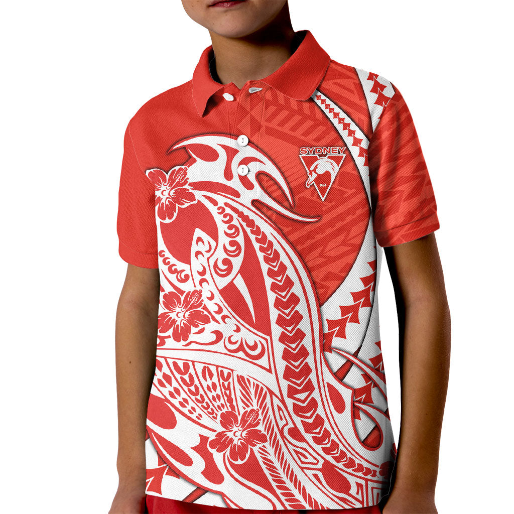 Personalized Sydney Swans Kid Polo Shirt Polynesian Tribal Swan Mascot With Hibiscus Floral Art