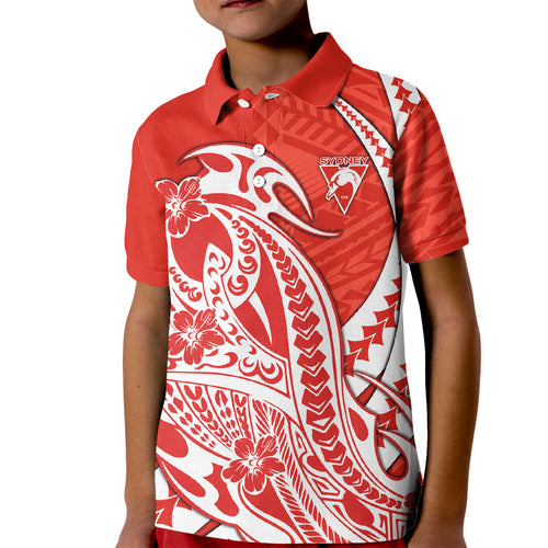 Personalized Sydney Swans Kid Polo Shirt Polynesian Tribal Swan Mascot With Hibiscus Floral Art