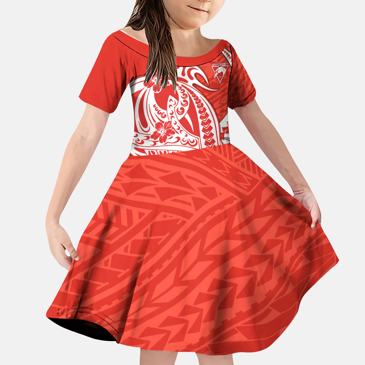 Personalized Sydney Swans Kid Short Sleeve Dress Polynesian Tribal Swan Mascot With Hibiscus Floral Art