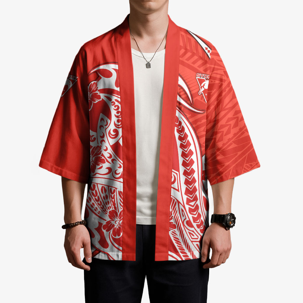 Personalized Sydney Swans Kimono Polynesian Tribal Swan Mascot With Hibiscus Floral Art