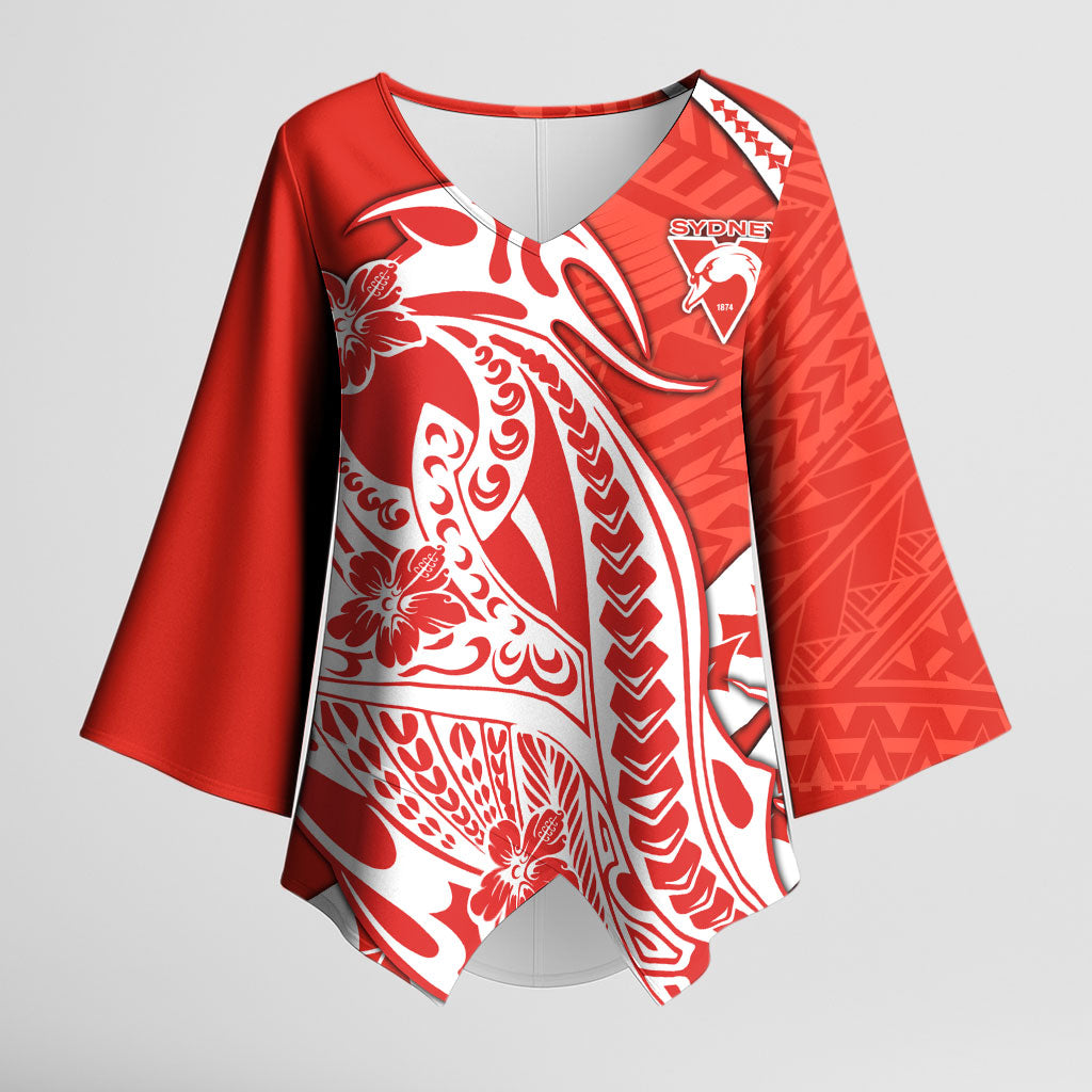 Personalized Sydney Swans Kimono Sleeve Blouse Polynesian Tribal Swan Mascot With Hibiscus Floral Art