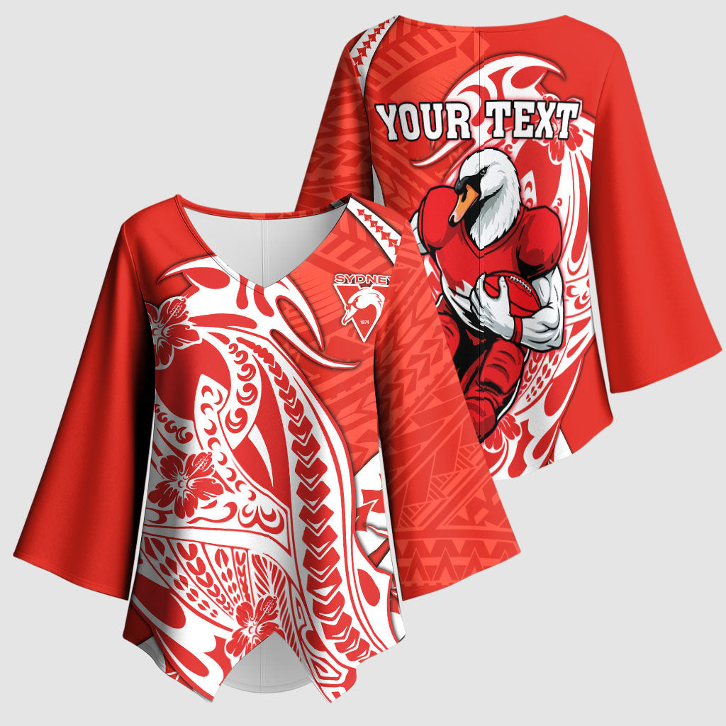 Personalized Sydney Swans Kimono Sleeve Blouse Polynesian Tribal Swan Mascot With Hibiscus Floral Art