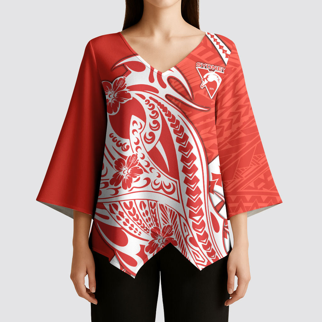 Personalized Sydney Swans Kimono Sleeve Blouse Polynesian Tribal Swan Mascot With Hibiscus Floral Art