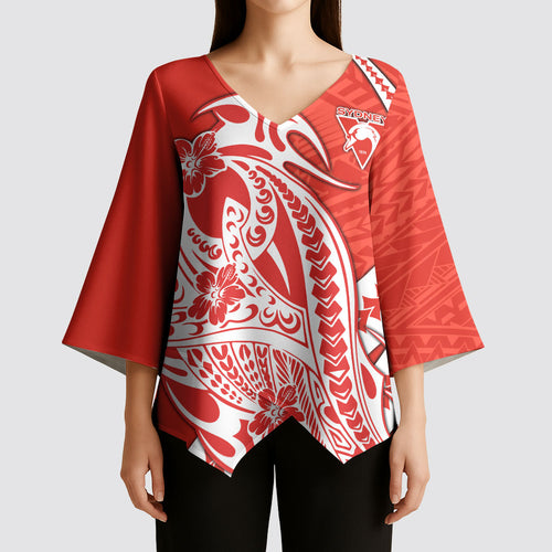 Personalized Sydney Swans Kimono Sleeve Blouse Polynesian Tribal Swan Mascot With Hibiscus Floral Art