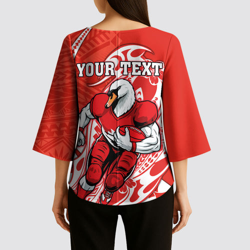 Personalized Sydney Swans Kimono Sleeve Blouse Polynesian Tribal Swan Mascot With Hibiscus Floral Art