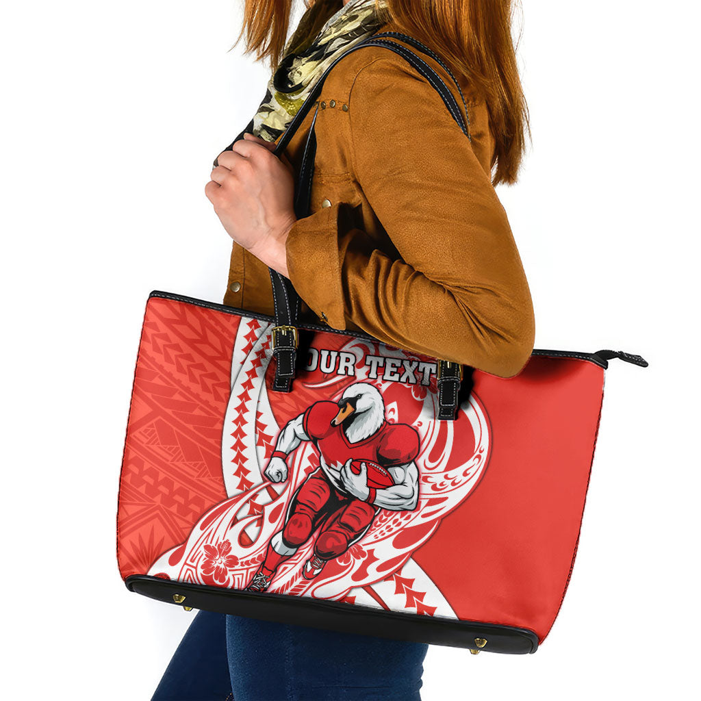 Personalized Sydney Swans Leather Tote Bag Polynesian Tribal Swan Mascot With Hibiscus Floral Art