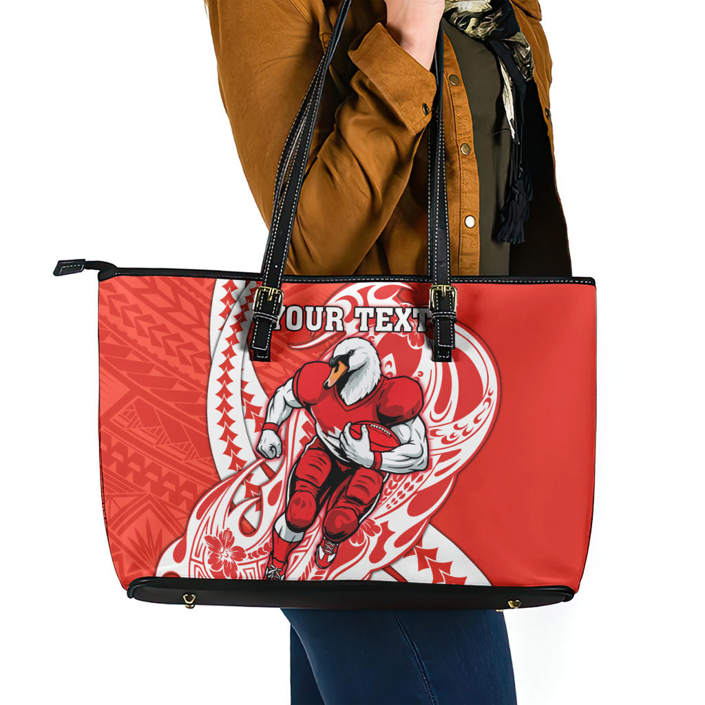 Personalized Sydney Swans Leather Tote Bag Polynesian Tribal Swan Mascot With Hibiscus Floral Art
