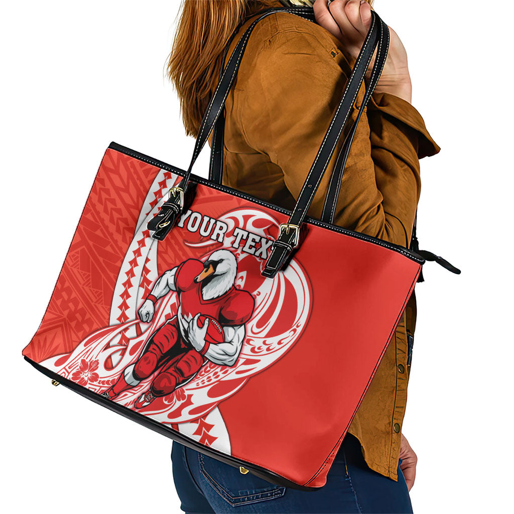 Personalized Sydney Swans Leather Tote Bag Polynesian Tribal Swan Mascot With Hibiscus Floral Art