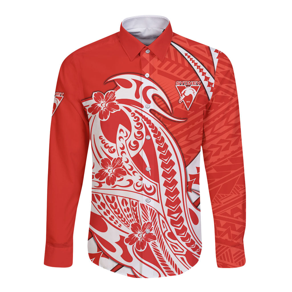Personalized Sydney Swans Long Sleeve Button Shirt Polynesian Tribal Swan Mascot With Hibiscus Floral Art