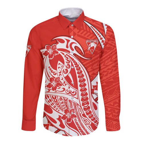 Personalized Sydney Swans Long Sleeve Button Shirt Polynesian Tribal Swan Mascot With Hibiscus Floral Art