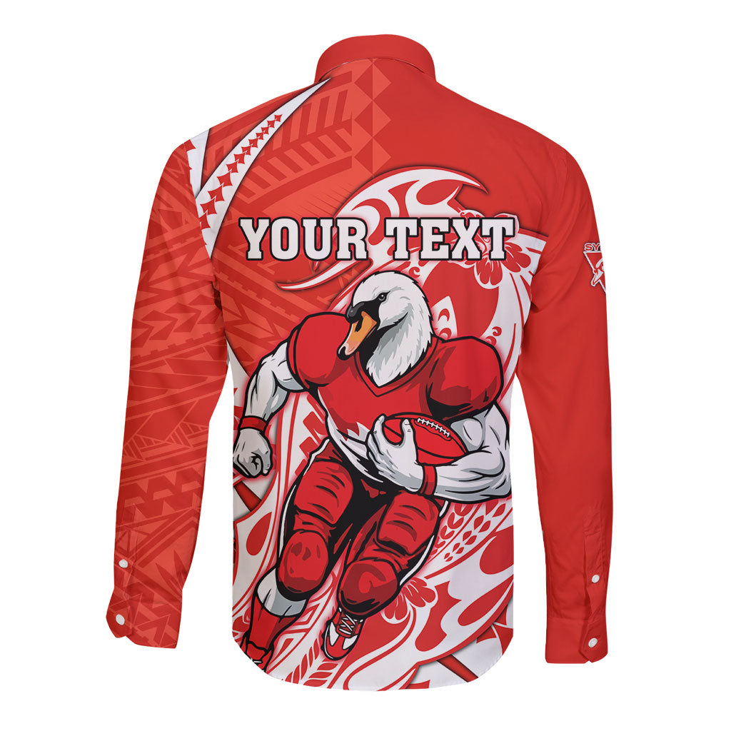 Personalized Sydney Swans Long Sleeve Button Shirt Polynesian Tribal Swan Mascot With Hibiscus Floral Art