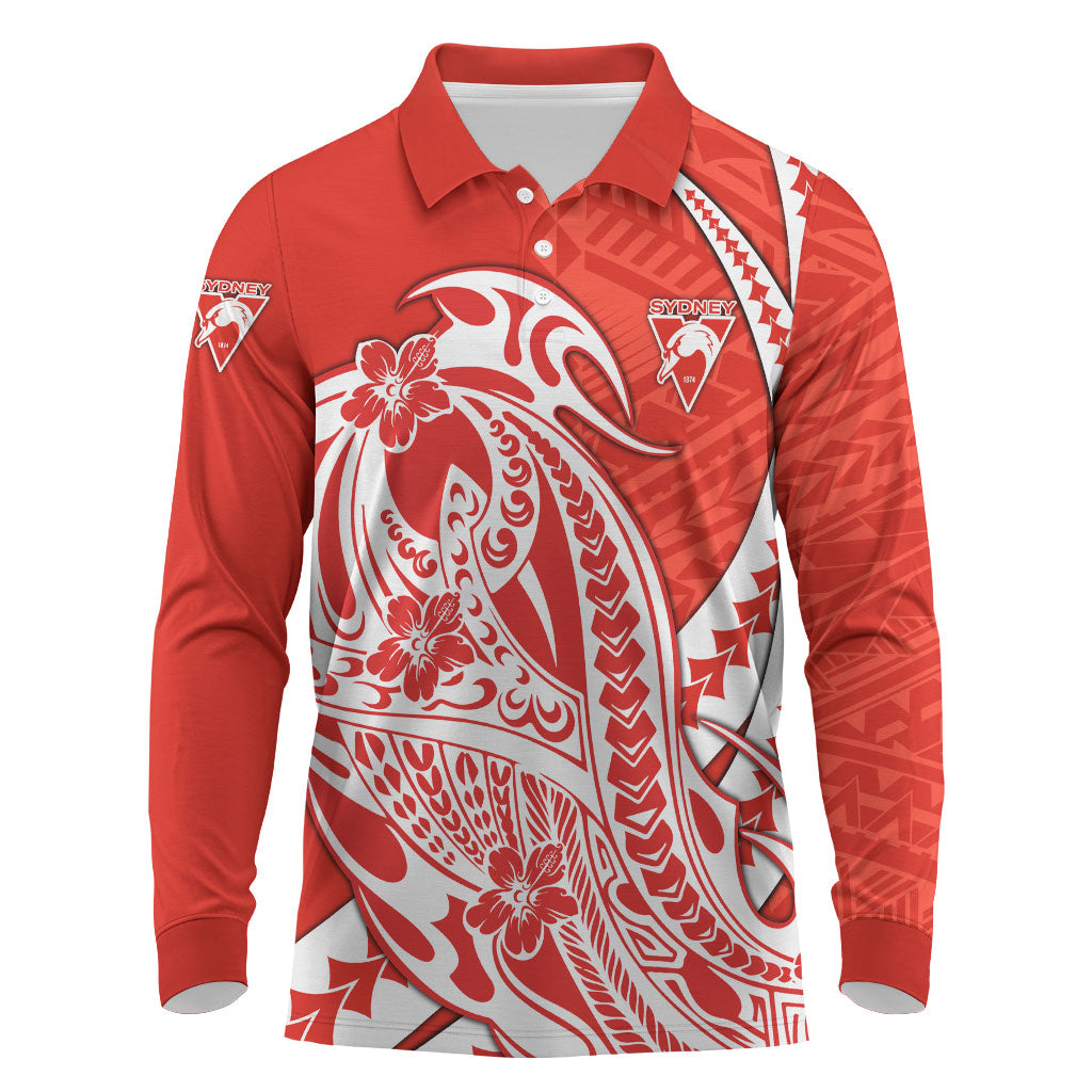 Personalized Sydney Swans Long Sleeve Polo Shirt Polynesian Tribal Swan Mascot With Hibiscus Floral Art