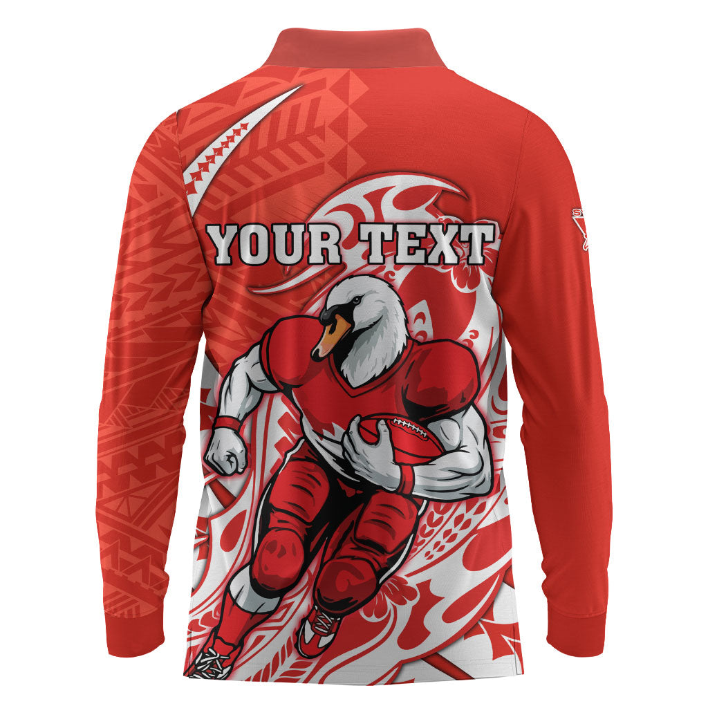 Personalized Sydney Swans Long Sleeve Polo Shirt Polynesian Tribal Swan Mascot With Hibiscus Floral Art
