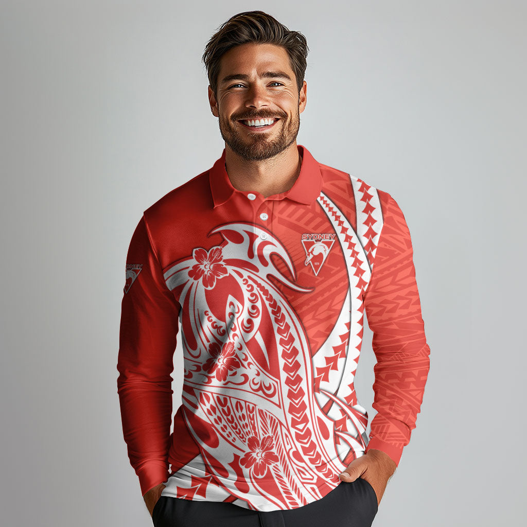 Personalized Sydney Swans Long Sleeve Polo Shirt Polynesian Tribal Swan Mascot With Hibiscus Floral Art