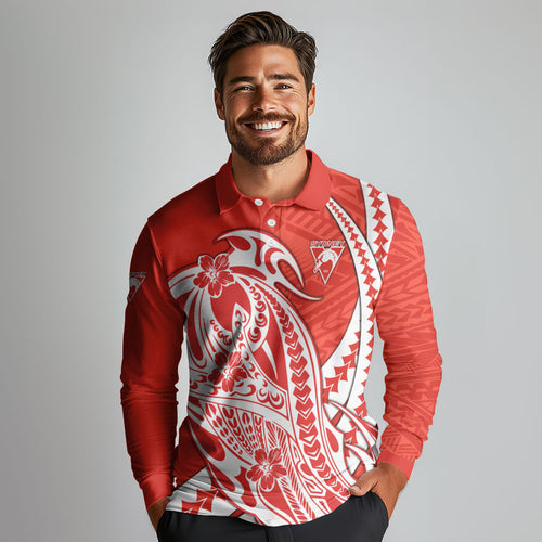 Personalized Sydney Swans Long Sleeve Polo Shirt Polynesian Tribal Swan Mascot With Hibiscus Floral Art