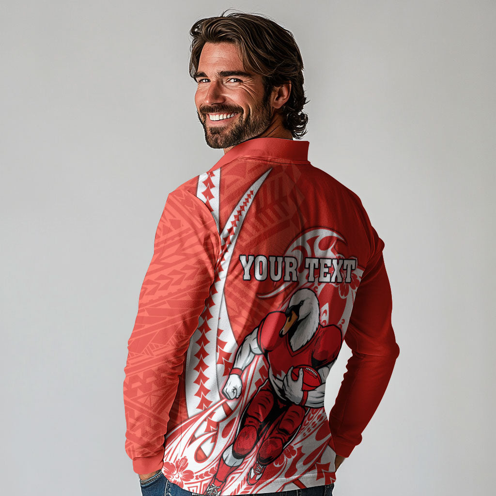 Personalized Sydney Swans Long Sleeve Polo Shirt Polynesian Tribal Swan Mascot With Hibiscus Floral Art