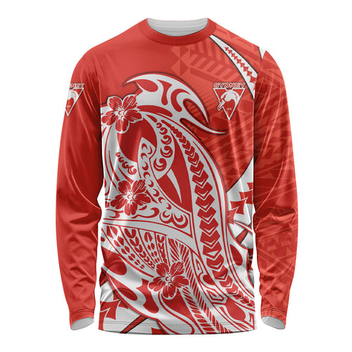Personalized Sydney Swans Long Sleeve Shirt Polynesian Tribal Swan Mascot With Hibiscus Floral Art