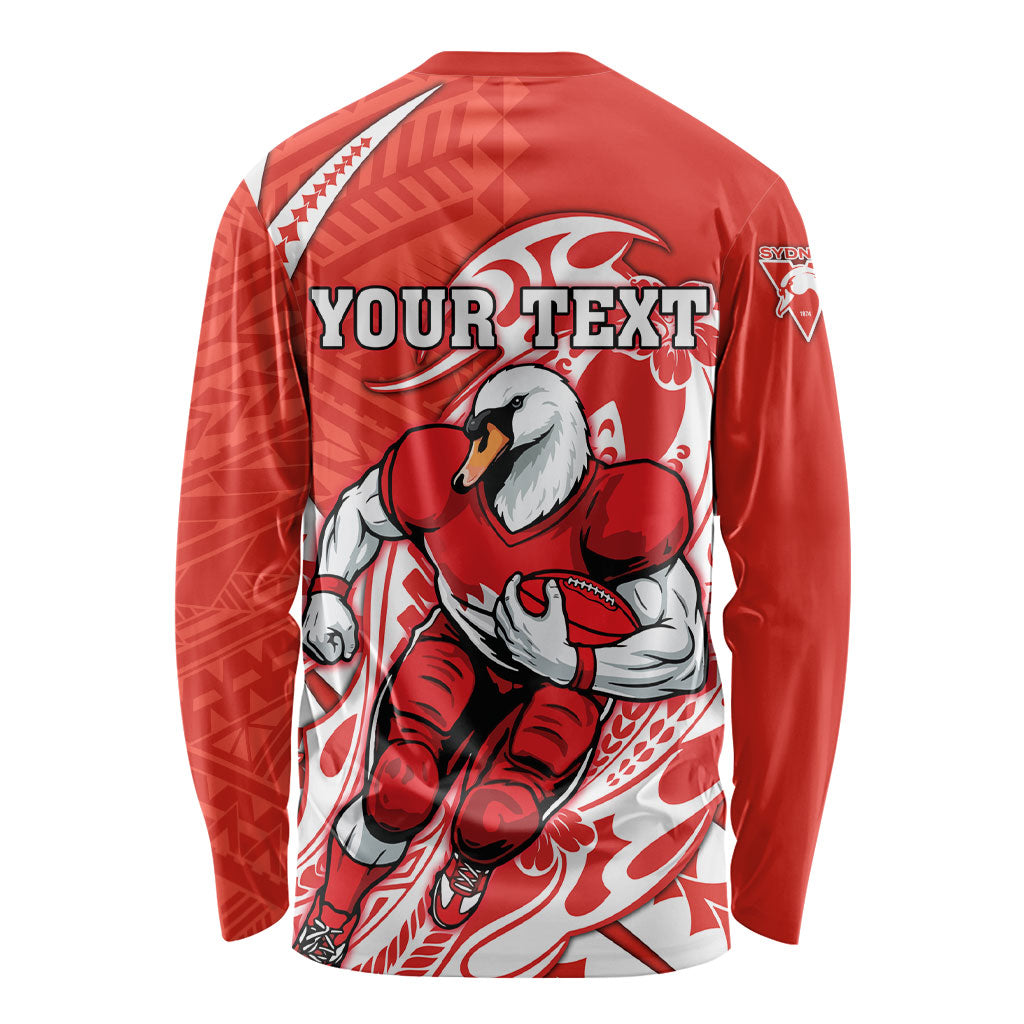 Personalized Sydney Swans Long Sleeve Shirt Polynesian Tribal Swan Mascot With Hibiscus Floral Art