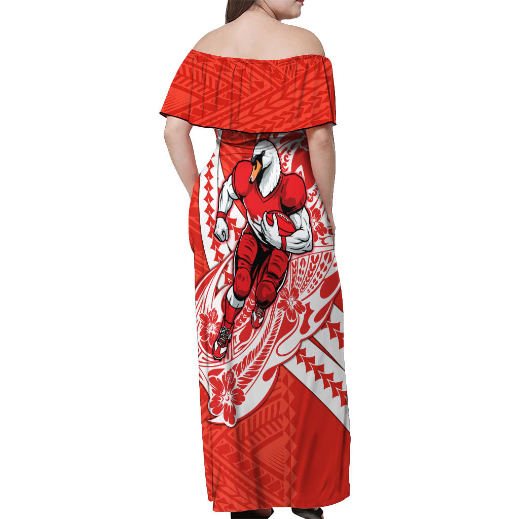 Personalized Sydney Swans Off Shoulder Maxi Dress Polynesian Tribal Swan Mascot With Hibiscus Floral Art