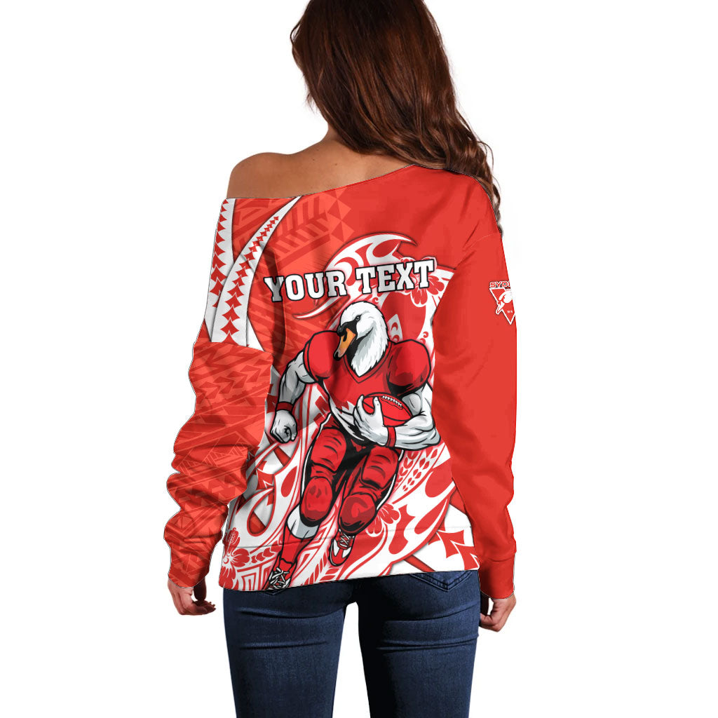 Personalized Sydney Swans Off Shoulder Sweater Polynesian Tribal Swan Mascot With Hibiscus Floral Art