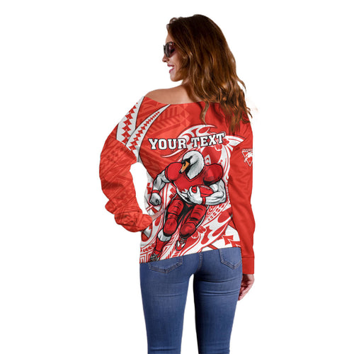 Personalized Sydney Swans Off Shoulder Sweater Polynesian Tribal Swan Mascot With Hibiscus Floral Art