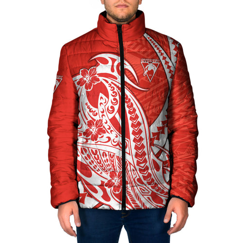 Personalized Sydney Swans Padded Jacket Polynesian Tribal Swan Mascot With Hibiscus Floral Art
